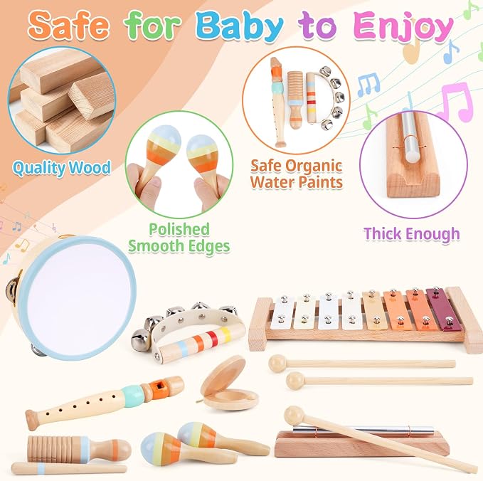 Wooden Toddler Musical Instruments Set, Montessori 18 Month Old Baby Musical Toys, Kids Percussion Instruments Xylophone Maracas for Toddlers 2 3 4, Preschool Christmas Birthday Gifts for Girls Boys