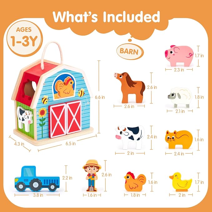 hahaland Wooden Montessori Toys for 1 Year Old, Farm Animals Barn for Toddlers 1-3 Shape Sorter Stacking Learning Toy for 1 2 3 Year Old Boys Girls Educational Toy Christmas Birthday Gift