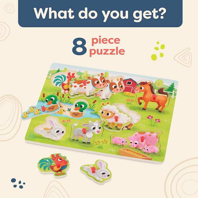 B. toys – Peek & Explore – Farm Animals – Wooden Peg Puzzle – Toddler Puzzle with 8 Animal Pieces – Cow, Horse, Sheep & More – 2+ Years