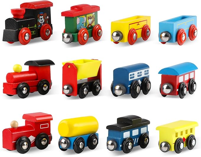 12 PCS Wooden Train Cars, Train Toys Magnetic Set Includes 3 Engines and Storage Bag, Toy Train Sets for Kids Toddler Boys and Girls, Compatible with Major Brands Train Tracks Set