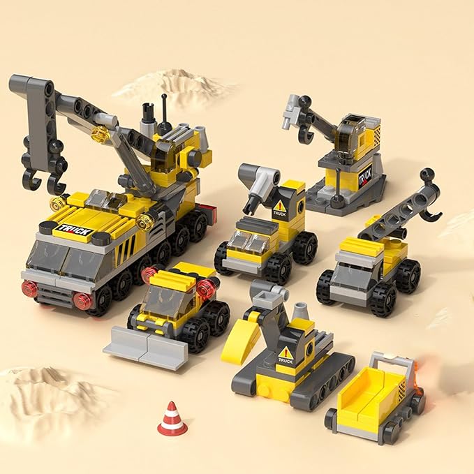 Rescue Construction Truck Building Blocks Set - 7 in 1 Engineering Vehicle Toy with Rotating Crane Arm, Rolling Wheels | STEM Educational Gift for Kids Ages 6-12 | Fire Truck & Emergency Playset