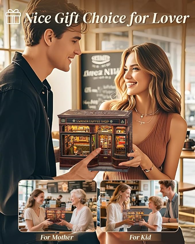 Cutefun Book Nook Kit - DIY Miniature Coffee Shop Booknook Kits for Adults and Teens, 3D Wooden Puzzle Bookend Bookshelf with LED Light, Creative Crafts Gifts for Book Lovers (Corner Coffee Shop)
