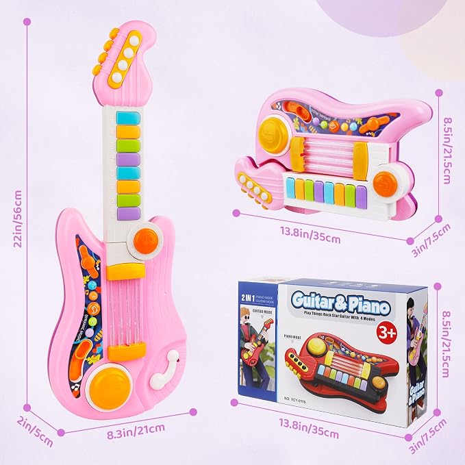 Kids Guitar 2 in 1 Musical Instruments for Kid - Fun Piano Toddler Toy & Electric Guitars | Explore Creativity | Unleash Child’s Talent, Music Toys for Boys & Girls (Pink)