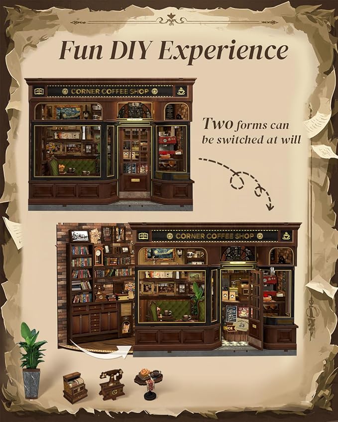 Cutefun Book Nook Kit - DIY Miniature Coffee Shop Booknook Kits for Adults and Teens, 3D Wooden Puzzle Bookend Bookshelf with LED Light, Creative Crafts Gifts for Book Lovers (Corner Coffee Shop)