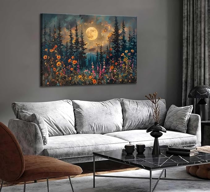Paint by Numbers for Adults and Kids Beginner, Moonlit Tree Mountains Wildflowers Painting by Number Kits On Canvas Number Artist Paint by Number Kit Oil Painting Acrylic Paints Home Wall Decor Gift