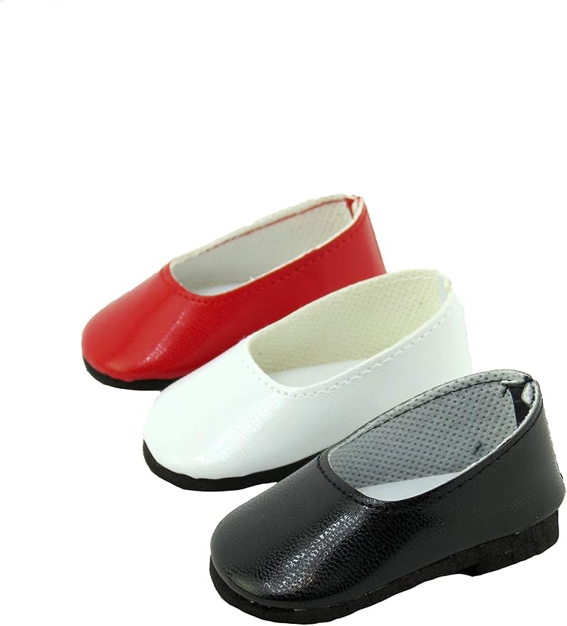 American Fashion World Red, White, and Black Flats for 18-Inch Dolls | 3 Pack | Premium Quality & Trendy Design | Dolls Shoes | Shoe Fashion for Dolls for Popular Brands