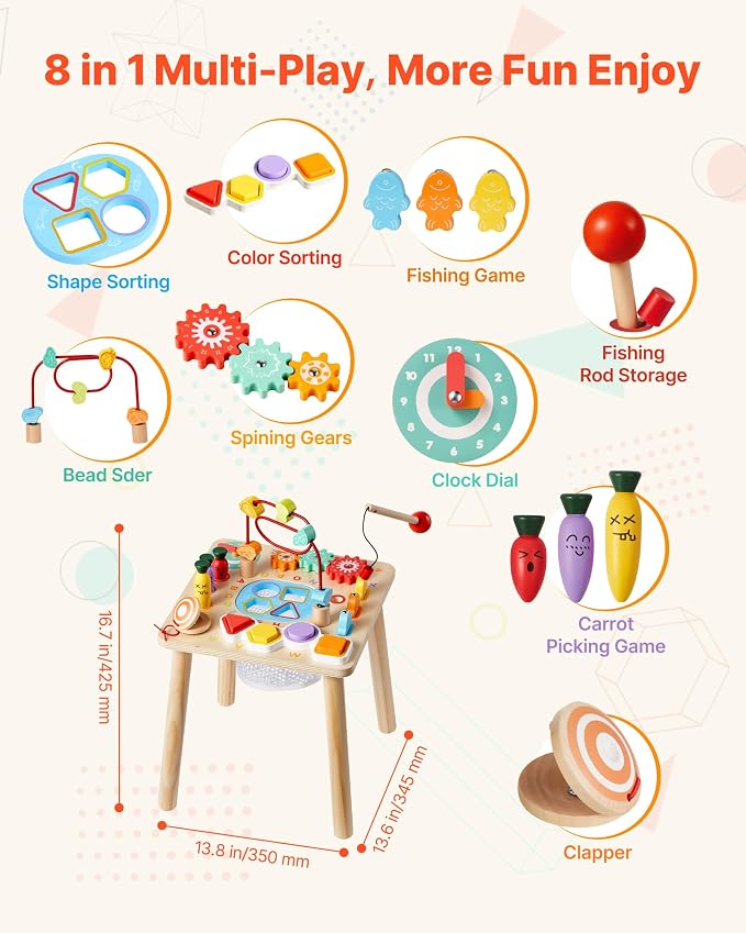 VEVOR Montessori Activity Table for Toddler 1-3 Years Old, 8 in 1 Wooden Learn Activity Desk, Baby Play Table for Boys & Girls Aged 6+ Months, Great Birthday, Christmas, Children's Day Present