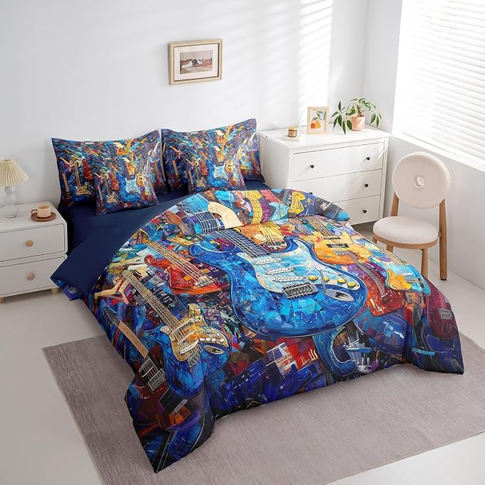 Feelyou Guitar Comforter Set with Sheets Twin Size Rock Music Bed in a Bag for Boys Girls Teens Blue 7 Pieces Bedding Set Soft Lightweight Microfiber