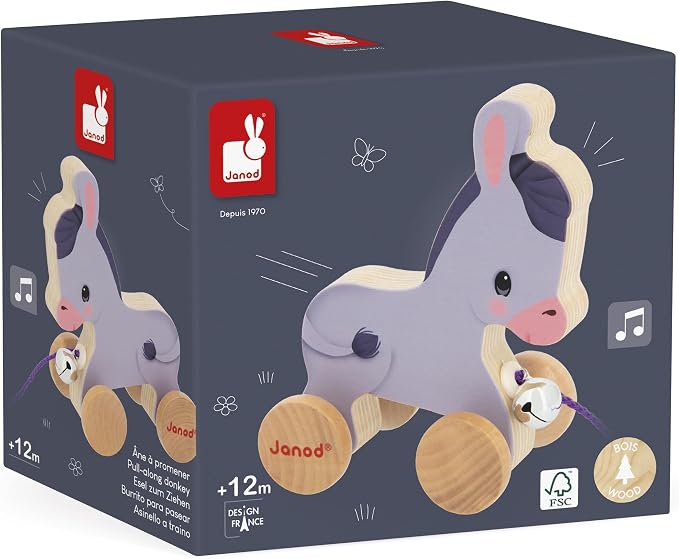 Janod - Wooden Donkey with Bell - Pull and Push Activity Toy - Learn Motor Skills and Imagination - 50cm String Suitable for Little Hands - from 12 Months, J03323