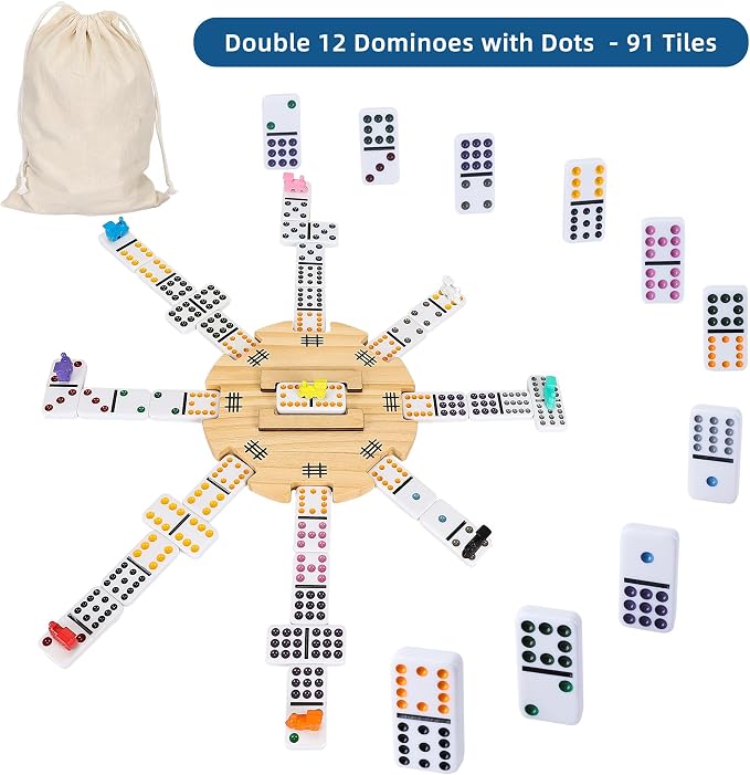 GOTHINK Double 12 Mexican Train Dominoes Set in Wooden Carry Case, Colored Dots Domino Set for Adults Kids and Family, Included 91 Tiles, 9 Trains, Wooden Hub, 8 Holders, 2 Scorepad, Modern Box