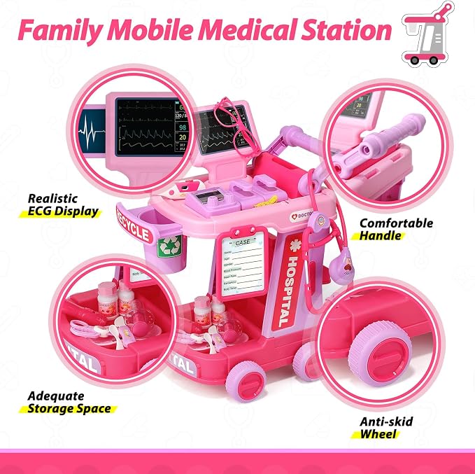 Liberry Doctor Kit for Toddlers Ages 3 4 5, Pretend Kids Doctor Playset with Cart, Costume and Stethoscope, Role Play Medical Toys Birthday Gift for Girls Boys (Pink)