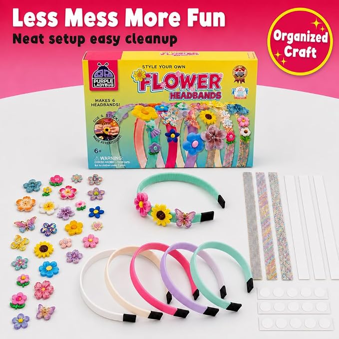 PURPLE LADYBUG Flower Headband Making Kit for Girls - Summer Toys for Kids Ages 4-8, Summer Crafts for Kids, 6 Year Old Girl Birthday Gift, Hair Accessories for Girls, Decorative Craft Activity Set
