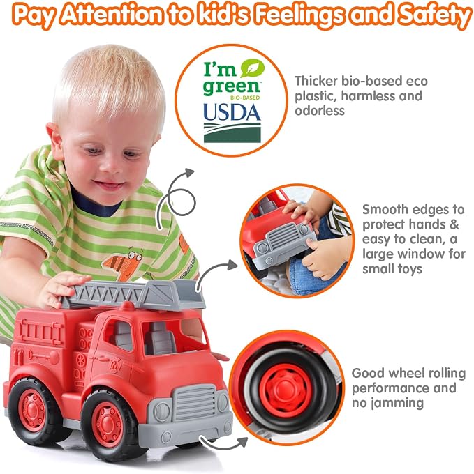 PLAY Eco-Friendly Fire Trucks, [USDA Certified] No BPA/Phthalate/PVC, Recycled Bioplastic Ladder Fire Engine Toy Gift for Boy Girl, Car Toys Vehicle Gift for Kids