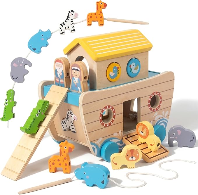 Wooden Noah's Ark Toy for Toddlers 1-3, Baptism Christening Gifts for Boys Girls, Christian Toy Animal Shape Sorter, Baby Birthday