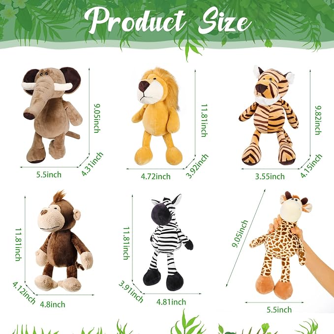Zhanmai 6 Pieces Safari Stuffed Animals Plush Jungle Animal Toys Set for VBS 2026 Decorations Lion Elephant Zebra Giraffe Tiger Monkey for Boys Girls Birthday Animal Themed Parties