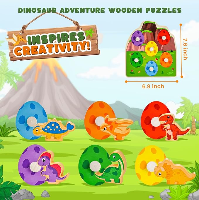 3 otters Dinosaur Peg Puzzles, Wooden Learning Toys Shape Sorter Color Match Games, Educational Memory Activities for Toddler Montessori Development Entertainment Prek Kindergarten Boys Girls Gifts