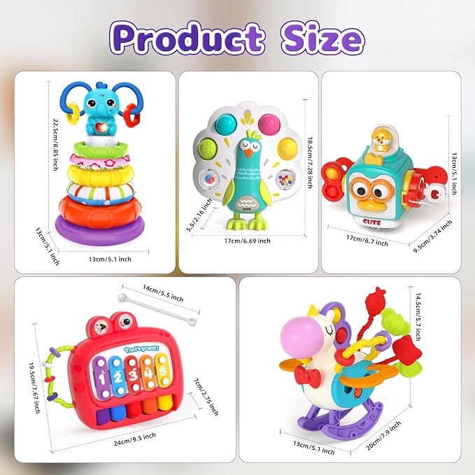 usrela 5 in 1 Baby Toys for 12 18 Month, Learning Toy for Babies 12-18 Months, Baby Busy Cube, Stacking&Sensory, Pull String&Piano Xylophone Toy, Birthday Gift for 12+ Month