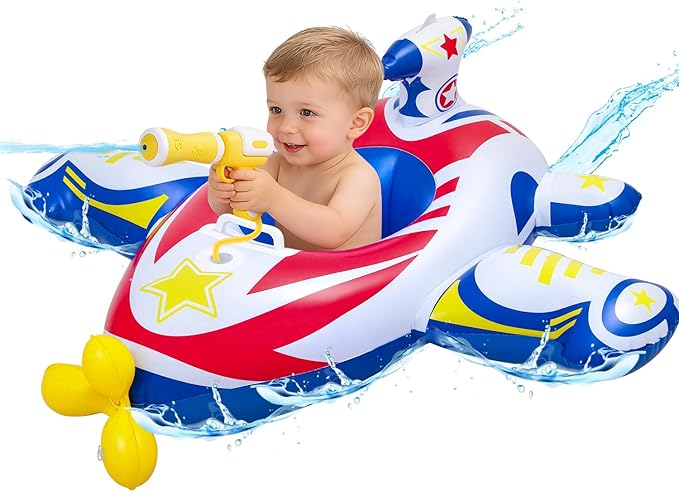 Baby Airplane Pool Float with Handle & Squirt Gun, Baby Swim Float Swimming Pool Float Kids Toddler Floaties Toddler Pool Float Age 1-4 Boys Girls Inflatable Ride-ons Pool Beach Toys
