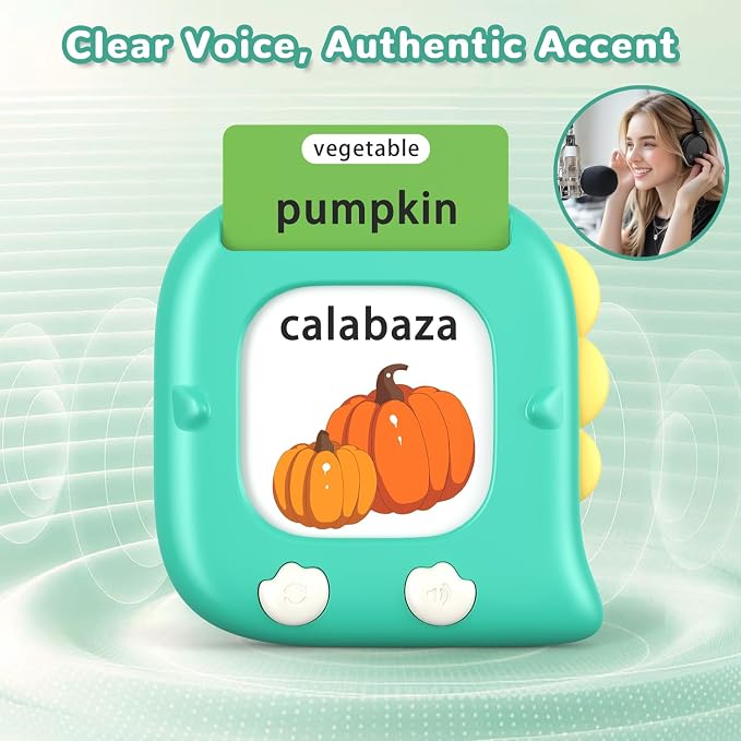 Kidzdo 520 Words Spanish English Talking Flashcards for Toddlers 2 3 4 5 6 Years Old, Birthday Present for Boys and Girls, Pocket Speech Therapy Toys Helps Language Speaking, Green