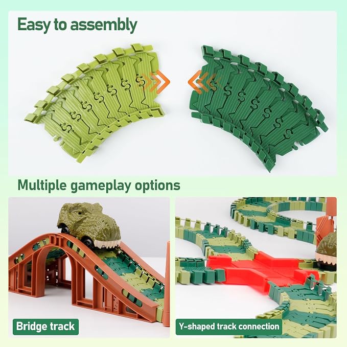 GIAT 96 Pcs Dinosaur Car Track Expansion Kit – Birthday Gift for Boys & Kids Ages 3 4 5 6 7, Compatible with Most Dino Flexible Tracks, Add-On Accessory Toy for Building Dinosaur Raceway