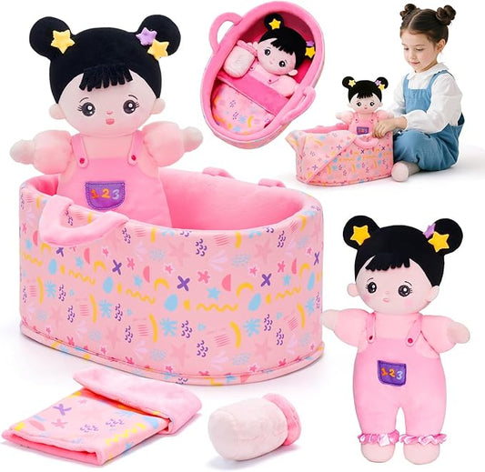 OUOZZZ 10" Soft Baby Doll Accessories with Plush Asian Doll, Bassinet, Blanket and Bottle, Toys for 2 Year Olds Girls Birthday Gift, Interactive Pretend Playset for Preschool, Home