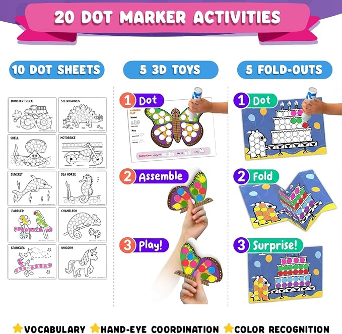 Chalkola Dots of Fun - 8 Washable Dot Markers + Dot Art Sticker Activity Kit | Toddler Art & Craft Supplies for Kids, Stocking Stuffers, Gifts for Boys & Girls Ages 3, 4, 5, 6, 7 Year Old