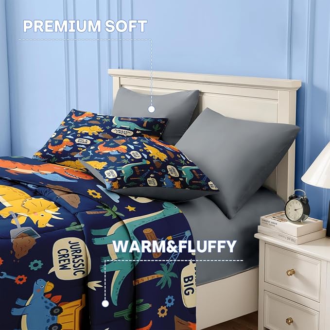 Nesker Dinosaur Comforter Set Twin Size, 5 Pieces Bed in a Bag, Blue Dinosaur Bedding Set for Boys, Construction Excavator Comforter Set with 1 Pillowcase & 1 Sham