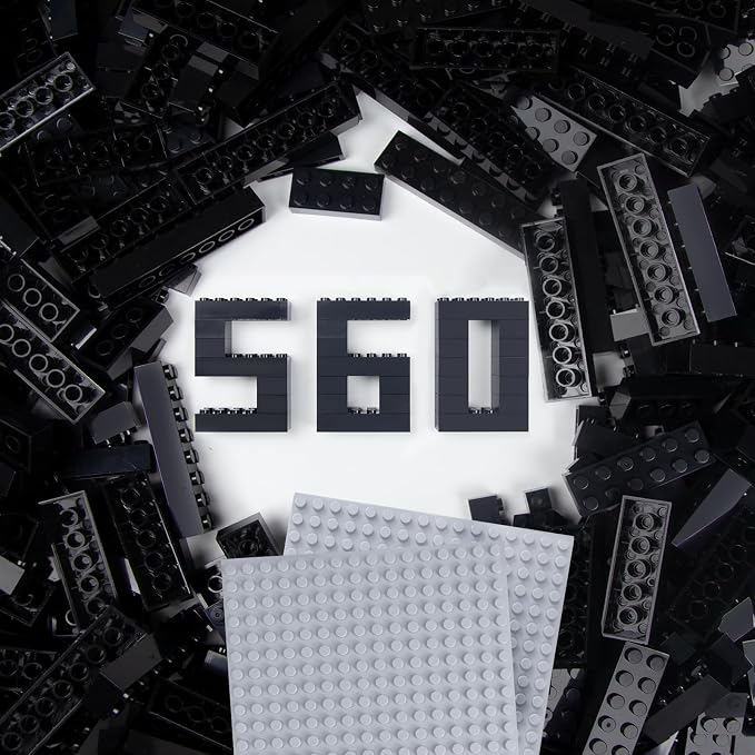 Cabeeskii 560 Pieces Black Classic Building Blocks Bulk with 2 Base Plates, Building Bricks in 7 Size, Compatible with All Major Bricks, for Kids & MOC Lovers