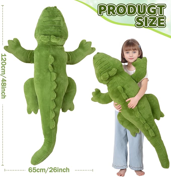 FFxiong 48 inch Green Large Alligator Stuffed Animal Long Body Pillow 4 ft Cute Giant Crocodile Plush Toy Gift for Kids Girl Boy Birthday Valentines