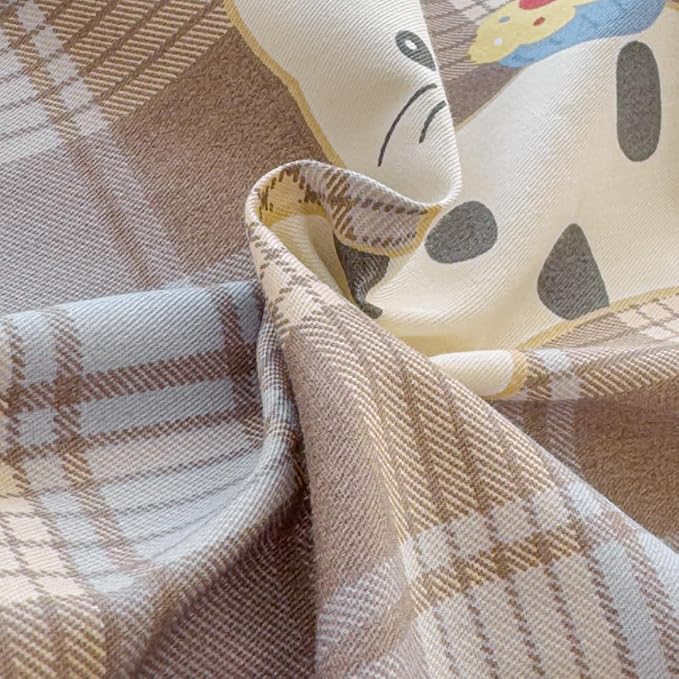 LIWHENHAO Duvet Cover Set Twin 100% Cotton Bedding Cartoon Cat Kitten on Brown Plaid 1 Kawaii Animal Pet Comforter Cover Zipper Closure 2 Pillowcases for Kids Girls Boys