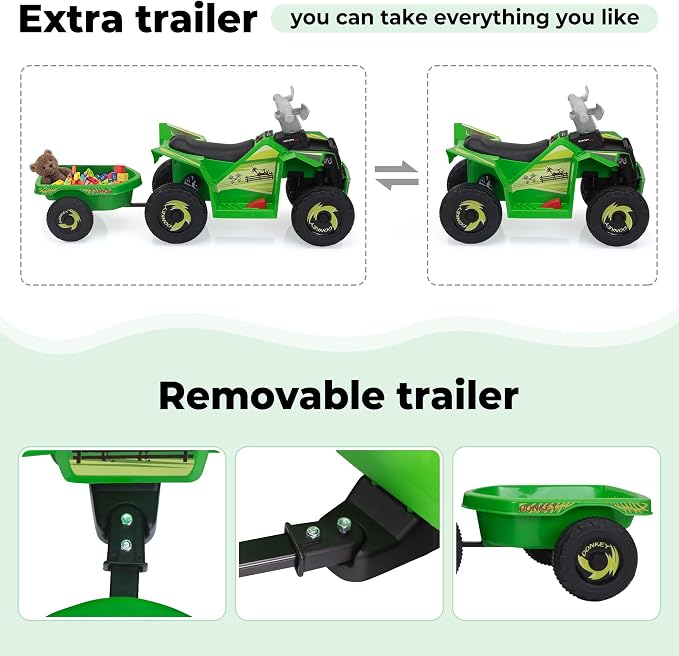 TOBBI 6V Electric Kids Ride On Toy ATV with Trailer, 4 Wheeler Powered Car, Toddler Vehicle to Drive with Music/Battery Volume Display for Children Age 2-6-Green