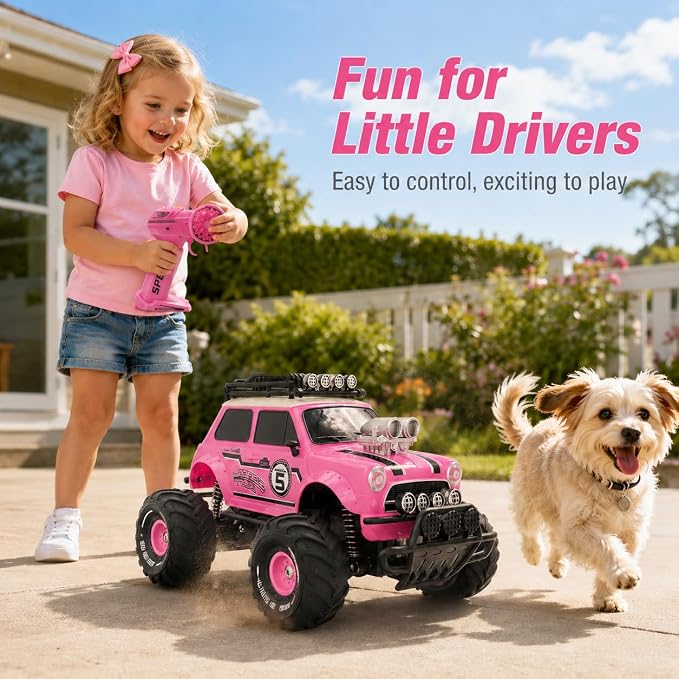10Leccion Remote Control Car for Girls, Pink RC Truck with 2 Rechargeable Batteries, 2.4GHz Kids RC Monster Truck Toy, Easy Control Birthday Gift for Girls Ages 3-8