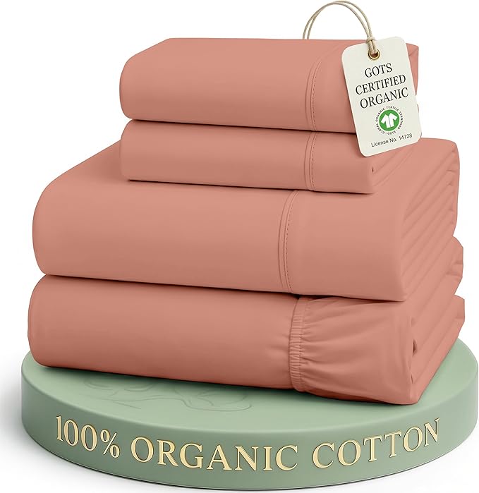 LANE LINEN Queen Size Bed Sheet Set 100% Organic Cotton Soft - Rose Dawn | Queen Sheets In GOTS Certified Organic Cotton Percale - Cool All Summer, Cozy All Winter, Crisp Hotel-Style Feel
