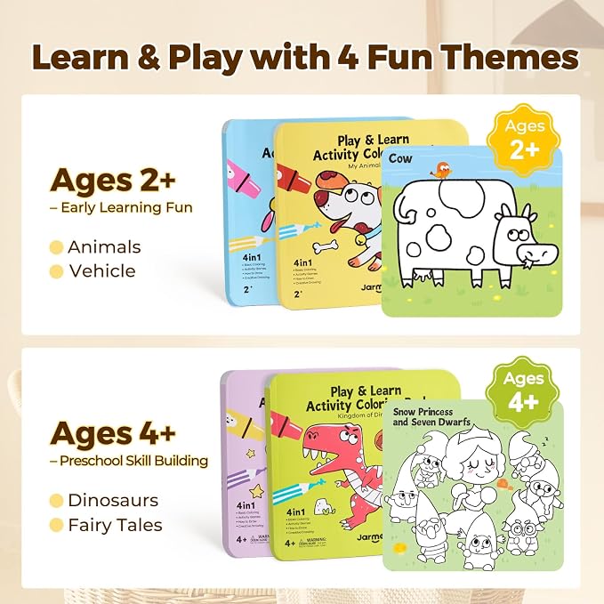 Jar Melo Animal & Vehicle Coloring Books for Toddlers Ages 2–4, 2 Pack Easy Activity Set for Learning, Includes Colorful Backgrounds, Stickers & Reward Certificate