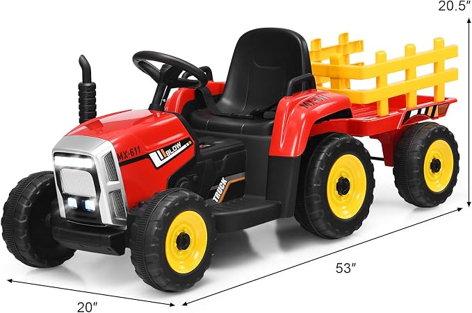 HONEY JOY Ride On Tractor with Trailer, Toddler 3-Gear-Shift Ground Loader, LED Lights, Horn, Music, 12V Battery Powered Electric Toy Tractor with Remote Control (Red)