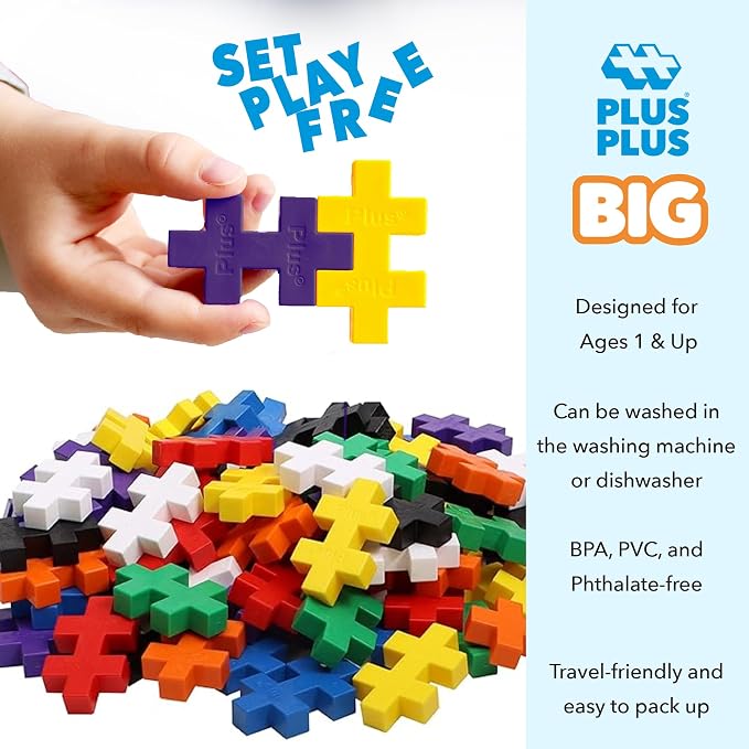 PLUS PLUS Big - 100 Piece Basic Color Mix - Interlocking Large Puzzle Building Blocks, Quiet Stem Toys for Toddlers - Gifts for Boys & Girls