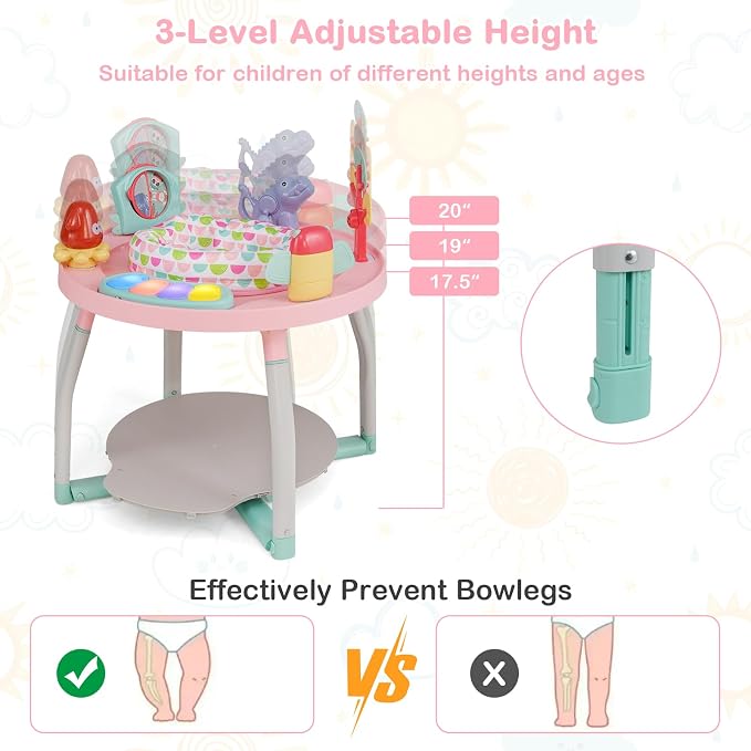 HONEY JOY Baby Activity Center, 5 in 1 Infant Jumper & Standing Play Table w/ 360° Rotary Seat, 6 Toys, 3 Adjustable Heights, Lights, Music & Sounds, Activity Center for Babies 6-36 Months (Pink)