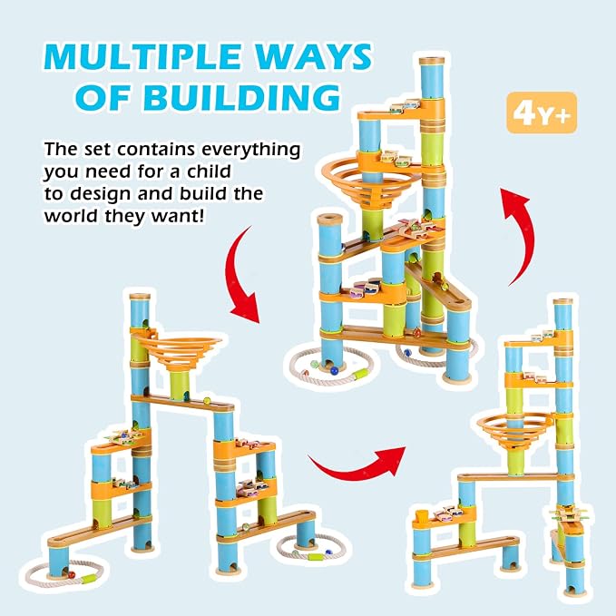 Natural Bamboo Marble Run Toy Set — Musical STEM Building Blocks for Kids — Shatter-Proof Design with Clever Cord-Catch — Eco-Friendly Educational Gift — 98 Pcs