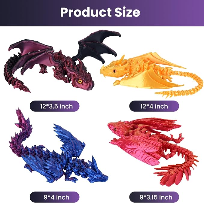 4PCS 12 Inch 3D Printed Dragons, Feathered Wyvern Figure with Wings, Dragon Desk Decor, Collectible Toy for Dragon Lovers(Mixed Colors-D)