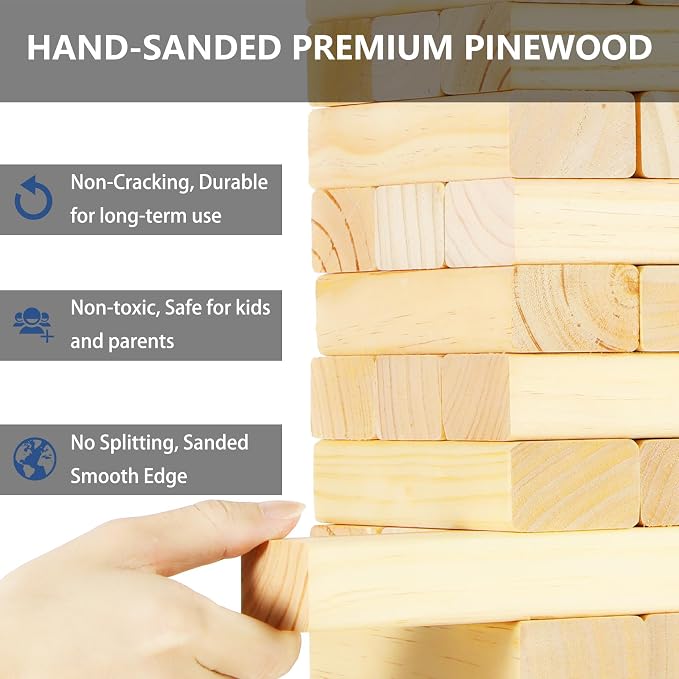 Megwoz Medium Tumble Tower Games for Kids and Adults 57 Blocks New Zealand Pine Wooden Blocks Stacking to 3FT Family Game for Indoors Outdoors Yard Games for Family