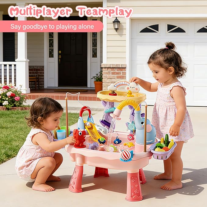 2027 Upgraded Toddlers 1-3 Water Table with Electric Pump, Kids Water Table with Faucet Play Food Accessories Fishing Toy, Kitchen Play Sink Toys for Girl Boy Age 4-8 (Pink)