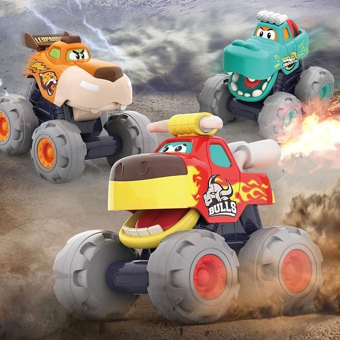 Toy Cars for 1 2 3 Year Old 3 Pack Monster Truck Toys Crocodile Bull Leopard Pull Back Car Big Wheel Animal Toy Trucks for Toddler 1-3 Baby Toys 12 18 Months Boy Girl Toddler Toy for 1 Year Old Gift