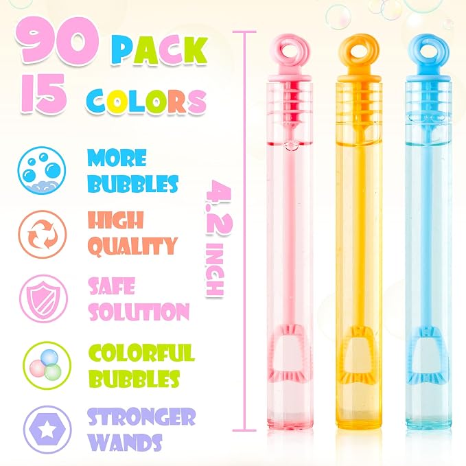 INSCRAFT Bubble Wand, 90 Pack Pastel Bubble Wands Bulk 15 Colors for Halloween, Summer Toys, Wedding, Outdoor Indoor Activity Use, Bubbles Party Favors, Gifts for Kids Toddlers