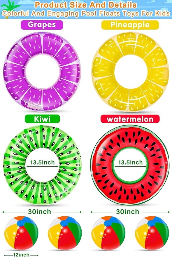 8 Pack Inflatable Pool Floats, Pool Toys for Swimming Pool Party Kids Adults 4 Pcs Fruit Swim Tube Rings & 4 Pcs Beach Balls Pool Floaties Summer Lake Hawaiian Beach Luau Party Decorations Water Fun