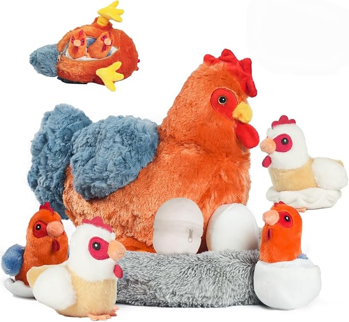 9 in 1 Chicken Stuffed Animal Set, Cute Stuffed Chicken Plush Toy Egg Laying Hen with Zipper and Baby Chicks Toy Chickens Eggs and Chicken Coop Toys for Kids Girls Boys Birthday Christmas Plush Gifts