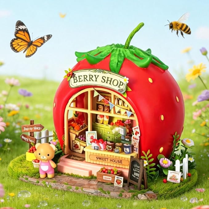 Roroom DIY Miniature House Kit, Bear Berry Shop Book Nook Kit with LED Light,3D Wooden Puzzle Miniature Dollhouse Kit for Bookshelf Decor-Creative Crafts for Family and Friends