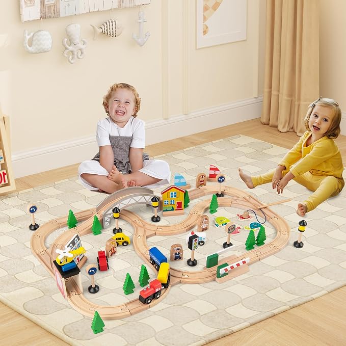 HONEY JOY Train Table, Wooden Kids Activity Table with Storage, 78 Multicolor Pieces, Tracks, Trains, Cars, Toddler Train Table Set with Reversible Tabletop, Gift for Boys Girls Aged 18 Months+