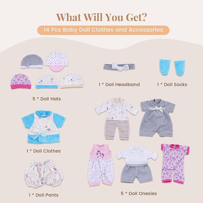 BABESIDE 6 Sets of Baby Doll Clothes for 12-15 Inch Babydolls, 14 Pcs Dolls Clothes and Baby Doll Accessories with Hats, Pants, Headband and Socks, Pretend Play Toys for Kids 3+