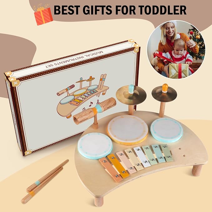 Toddlers Drum Set Toys for Toddlers 2-3,Baby Drum with Xylophone,Musical Instruments Toy, Kids Wooden Montessori Toys Birthday Gift for 18+ Months Boys Girls