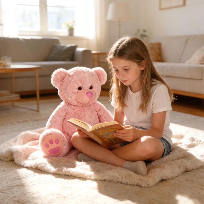 LotFancy Teddy Bear Stuffed Animals, 20 inch Soft Cuddly Cute Plushies, Plush Toys with Footprint Design, Stuffed Animals for Girls Kids Baby Toddlers, Baby Shower Easter Birthday Gift Decor, Pink